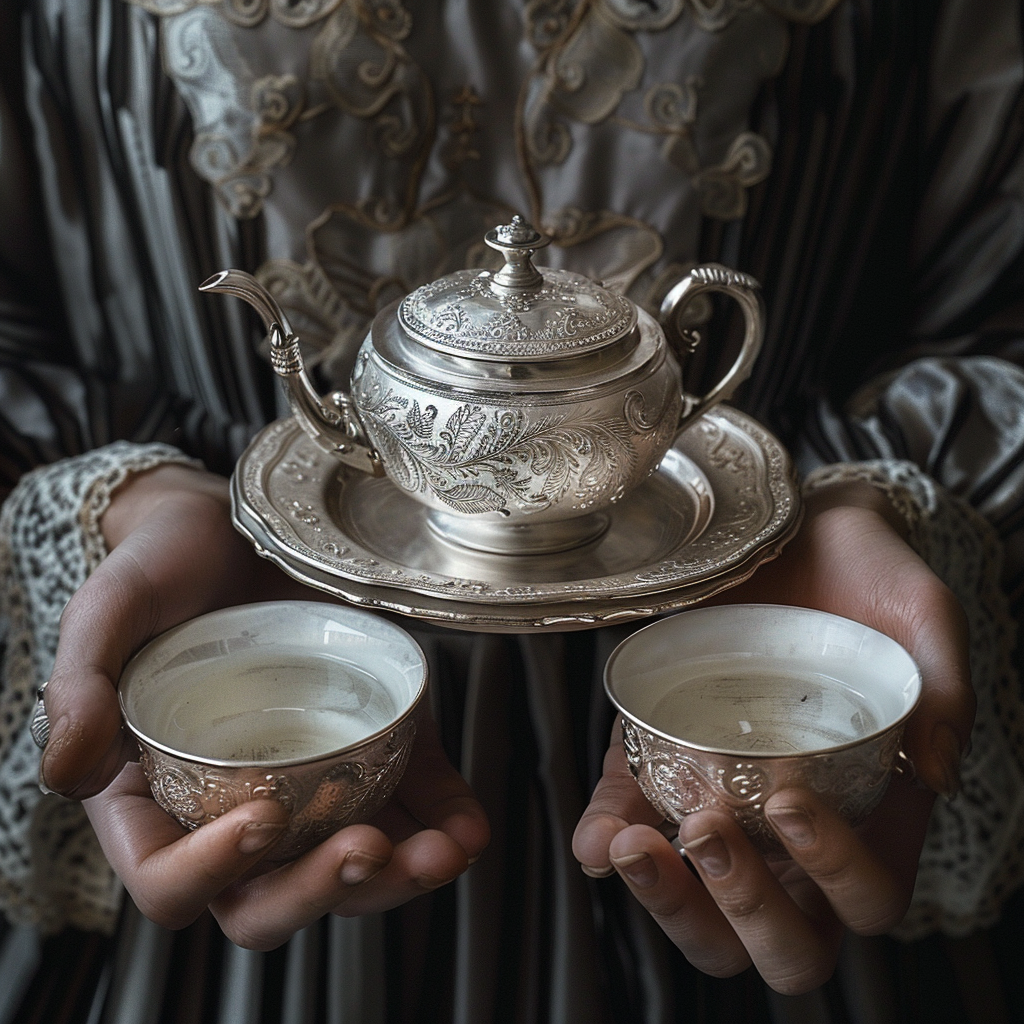 Tiffany holding a silver tea set | Source: Midjourney