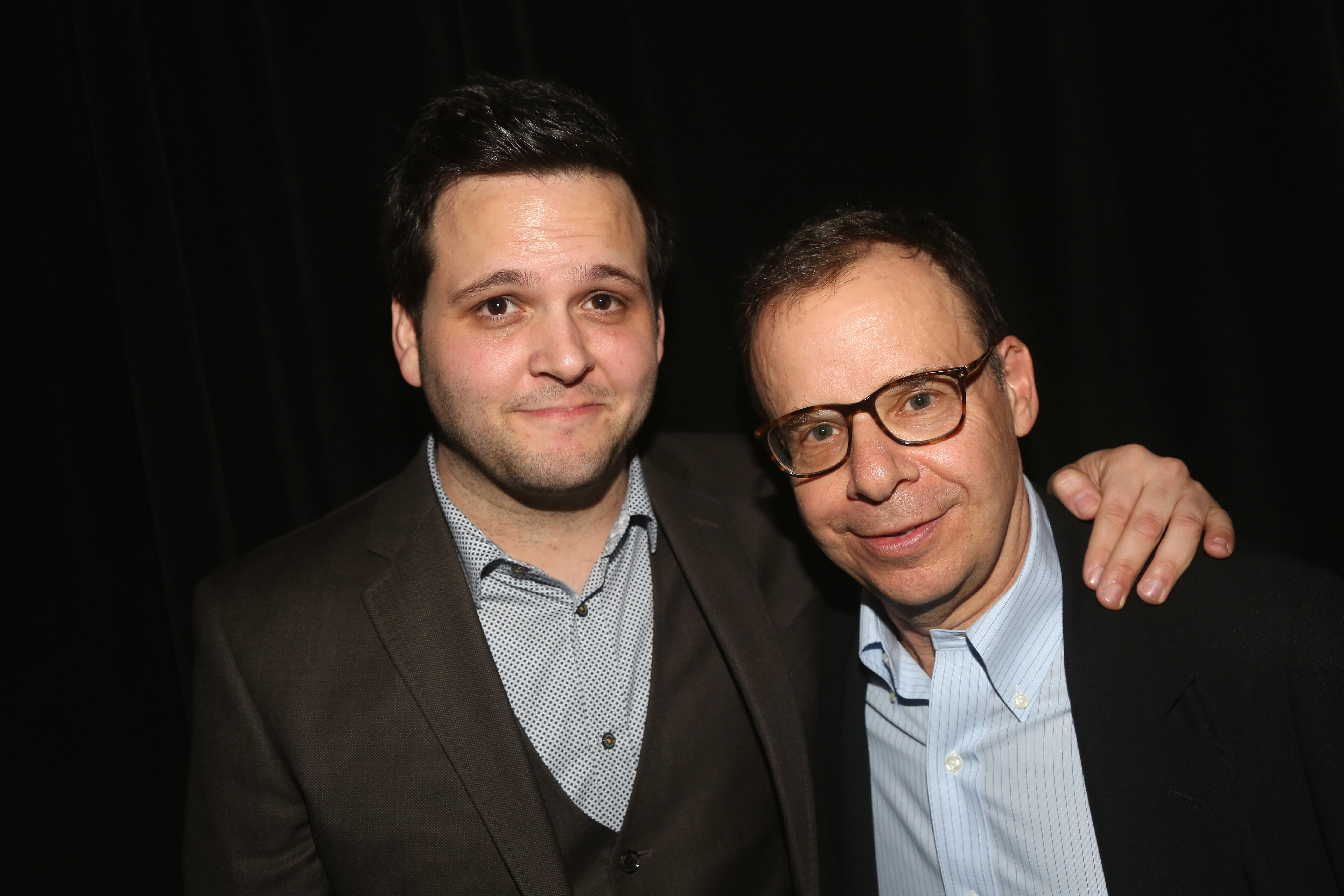 Derek DelGaudio and Rick Moranis pose at the opening night after party for "In & Of Itself" at The Ace Hotel on April 12, 2017 in New York City. | Source: Getty Images