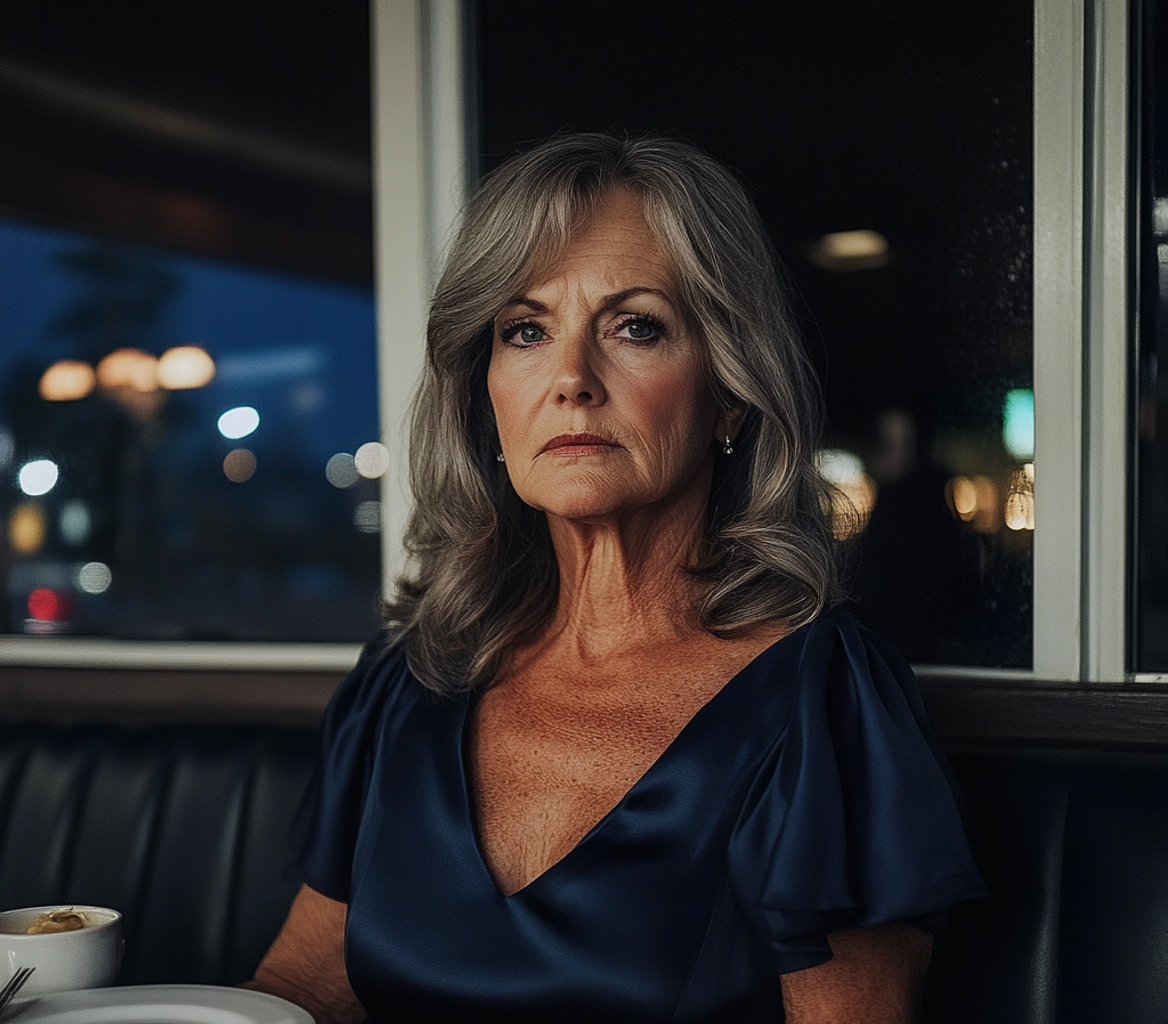 A frowning woman sitting at a diner | Source: Midjourney
