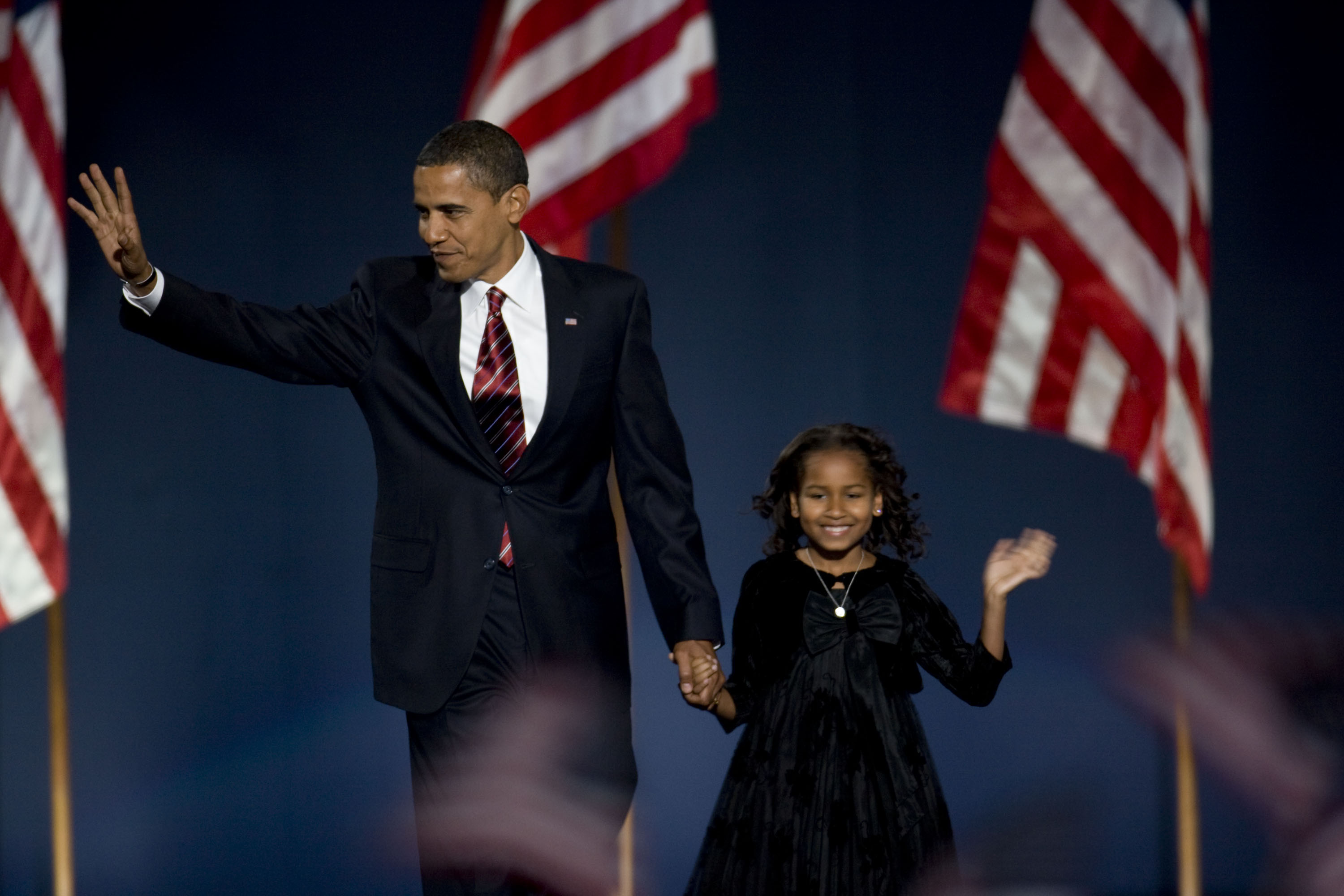 Barack and Sasha Obama during an election night gathering in Grant Park in Chicago, Illinois on November 4, 2008. | Source: Getty Images