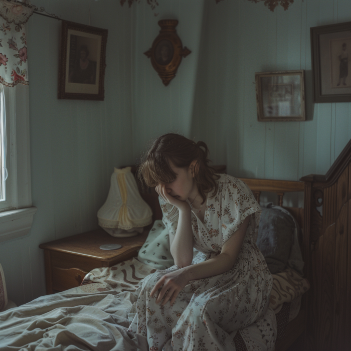 A sad young woman sitting alone in her room | Source: Midjourney