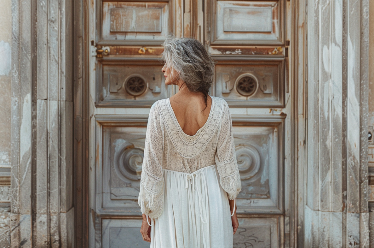 A woman standing in front of double doors | Source: Midjourney