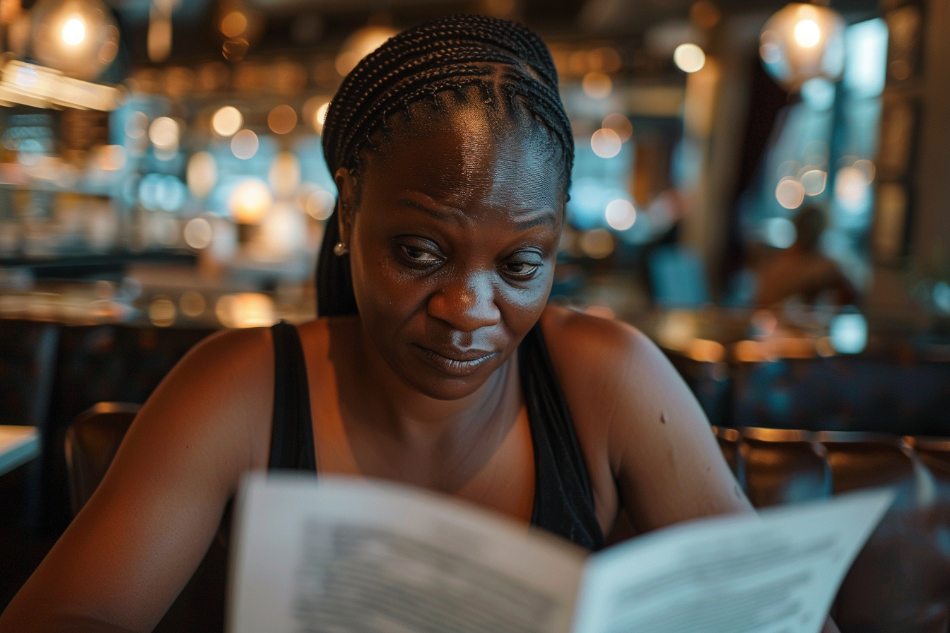 A woman looking sad at a restaurant | Source: Midjourney