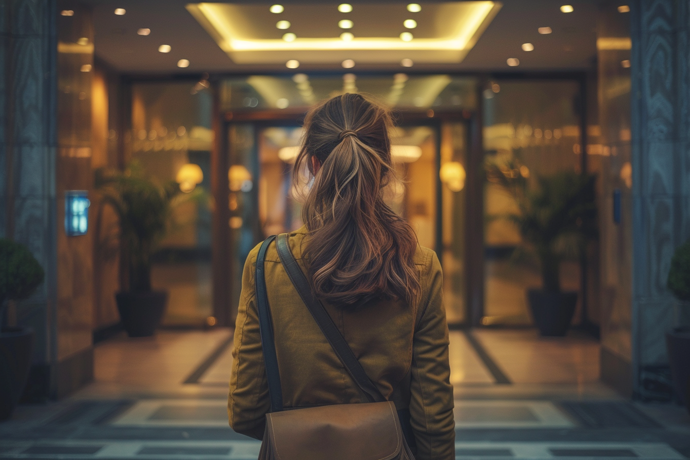 A woman entering a hotel | Source: Midjourney