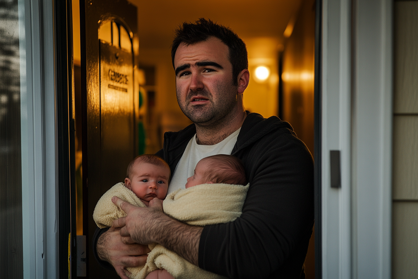 A man carrying twin babies into a house | Source: Midjourney