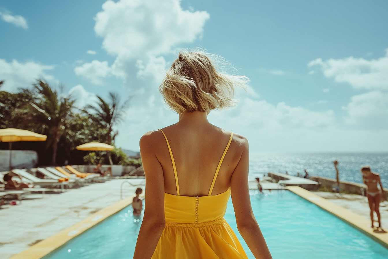 A woman walking by a pool | Source: Midjourney