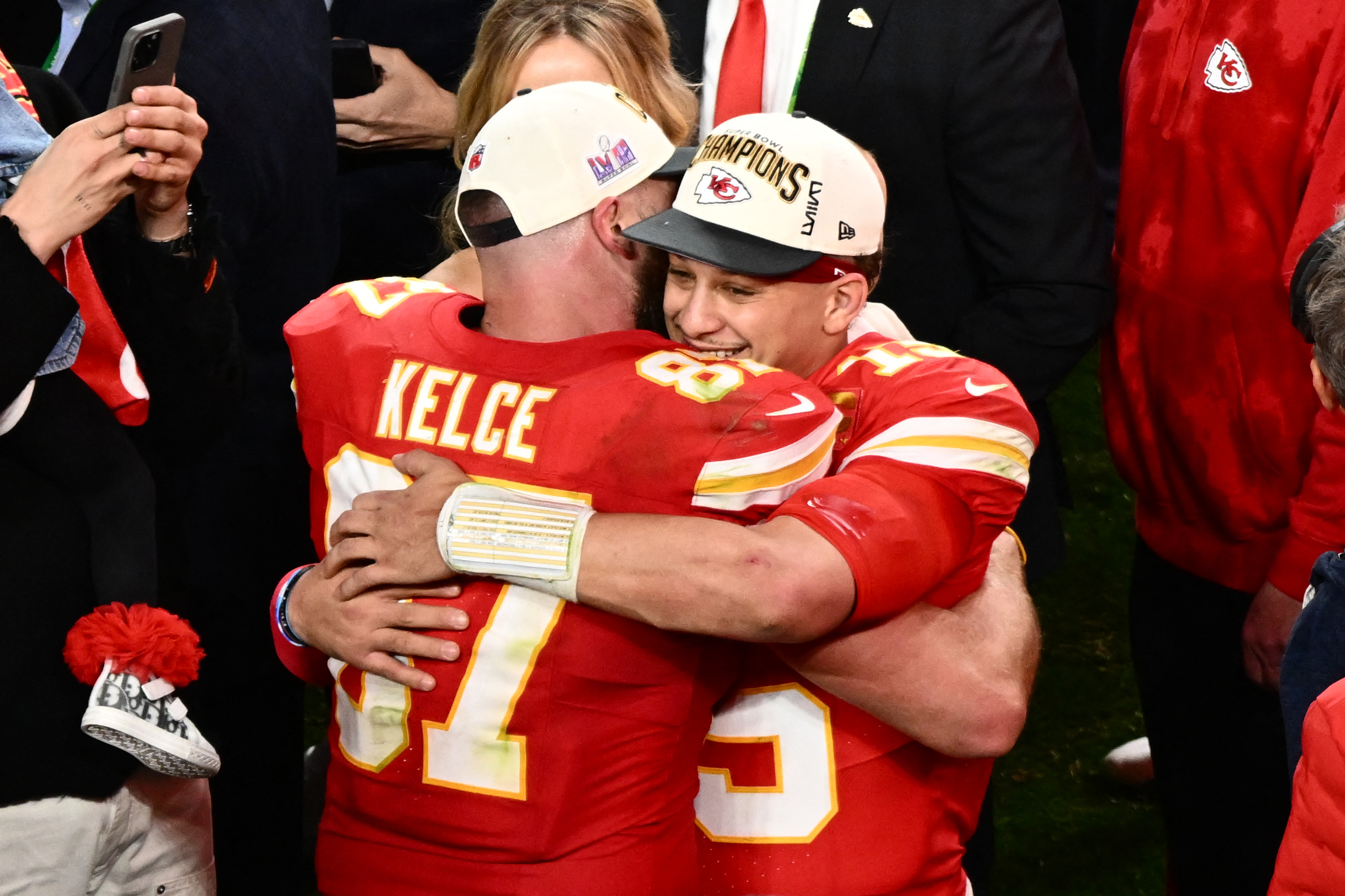 Patrick Mahomes and Travis Kelce celebrate their team's win on February 11, 2024 in Las Vegas, Nevada | Source: Getty Images