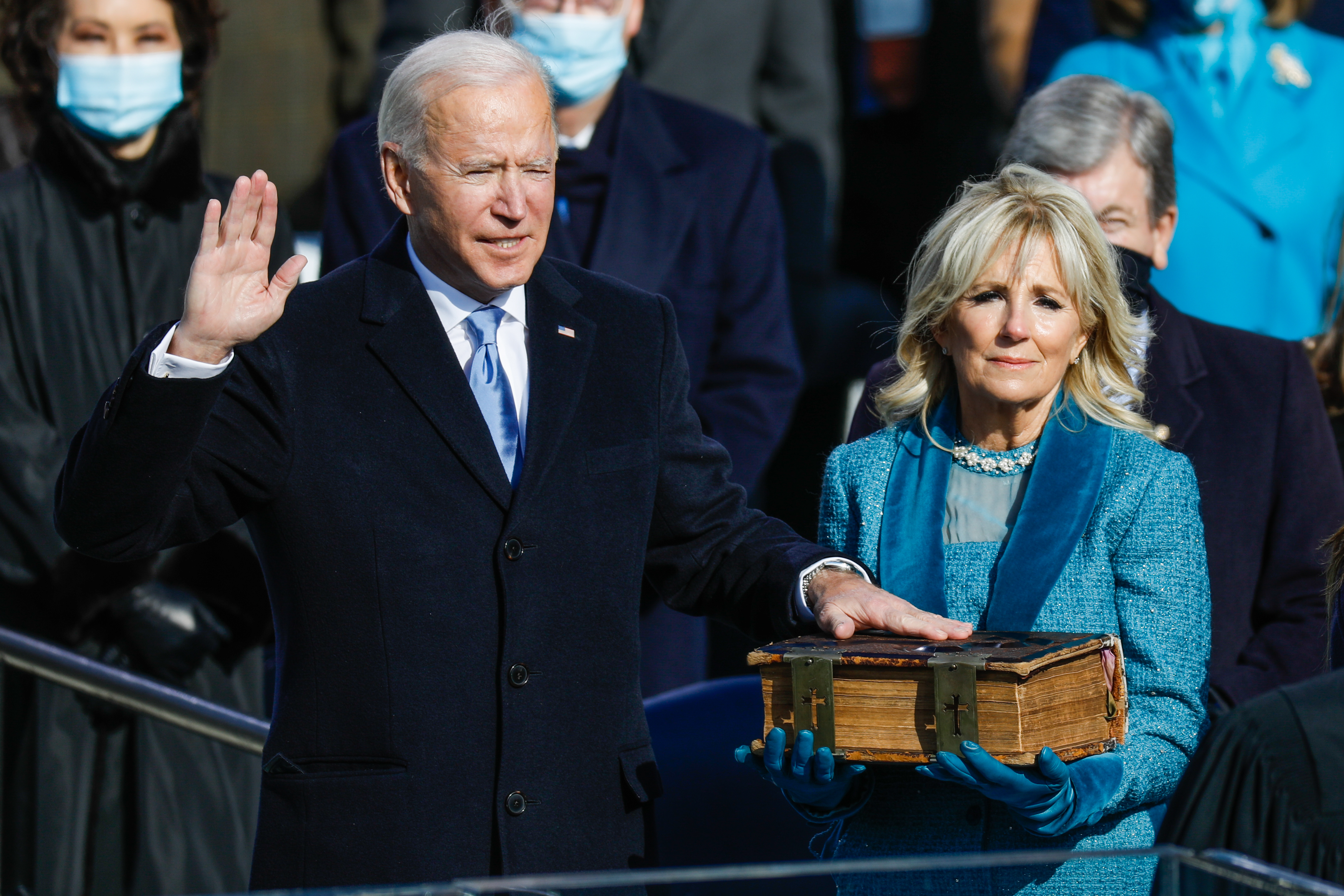Joe Biden is sworn in as the 46th U.S. President on January 20, 2021, with First Lady Jill Biden by his side | Source: Getty Images