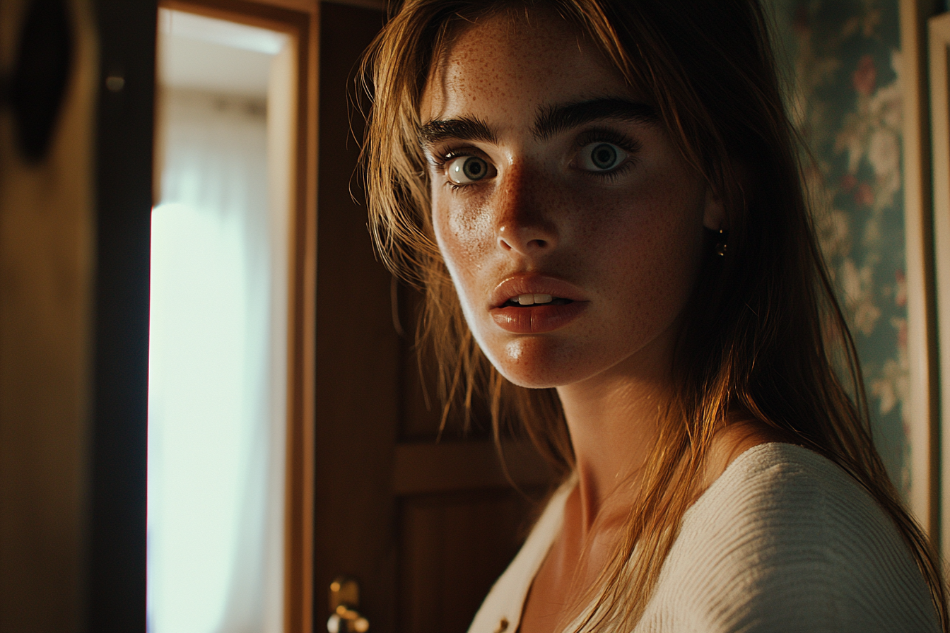 A close-up shot of a woman standing in her house, shocked | Source: Midjourney