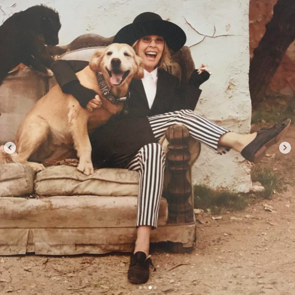 Diane Keaton laughing and embracing a dog as another dog looks at something beside the two, posted on October 11, 2025. | Source: Instagram/ritawilson