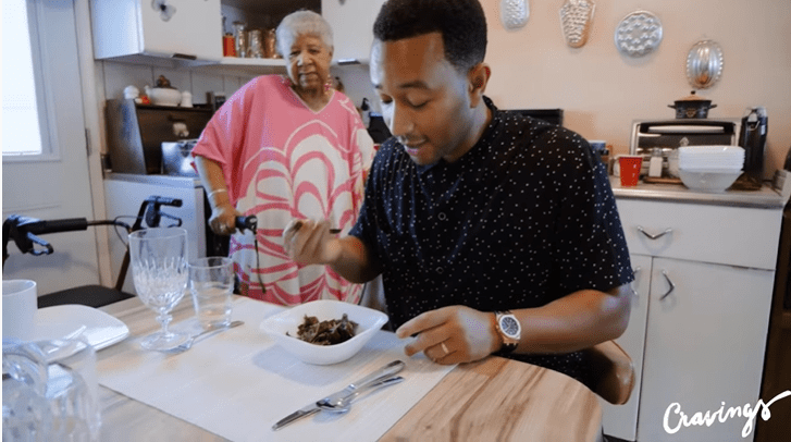 John Legend eats his grandma's collard greens | Source: YouTube/Chrissy Teigen