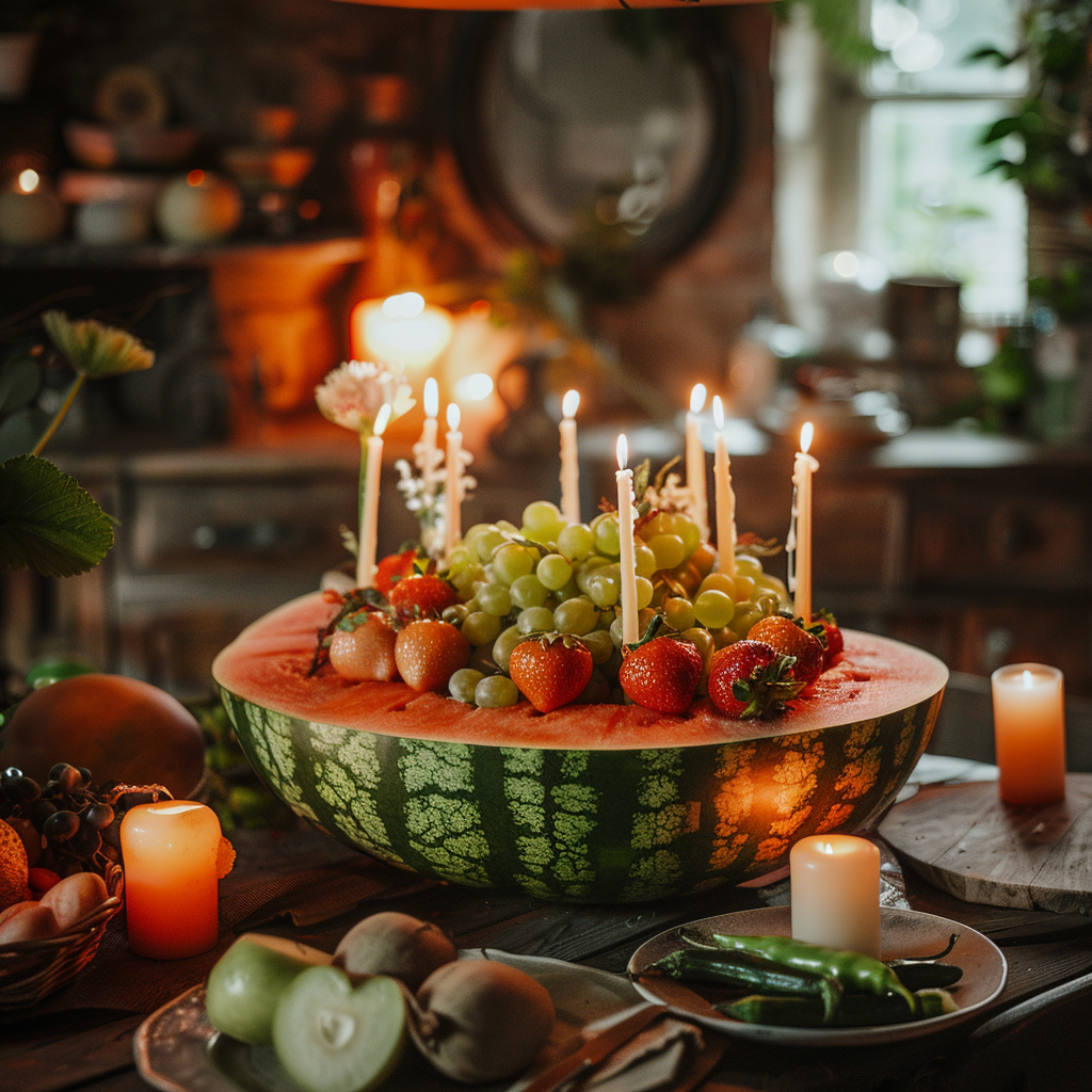 A watermelon cake, some sliced fruits, and other food items on a table | Source: Midjourney