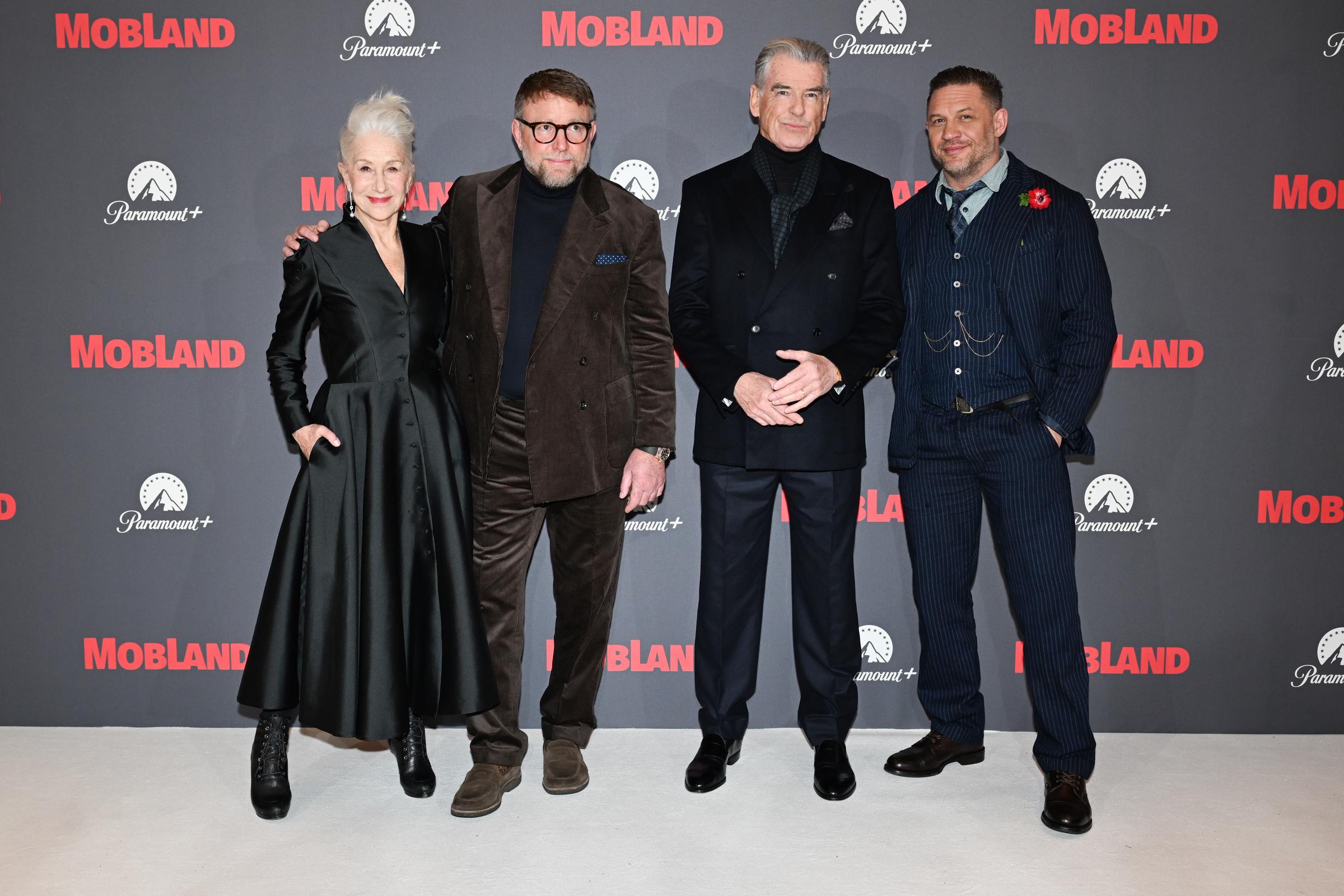 Dame Helen Mirren, Guy Ritchie, Pierce Brosnan and Tom Hardy on March 27, 2025 in London, England | Source: Getty Images