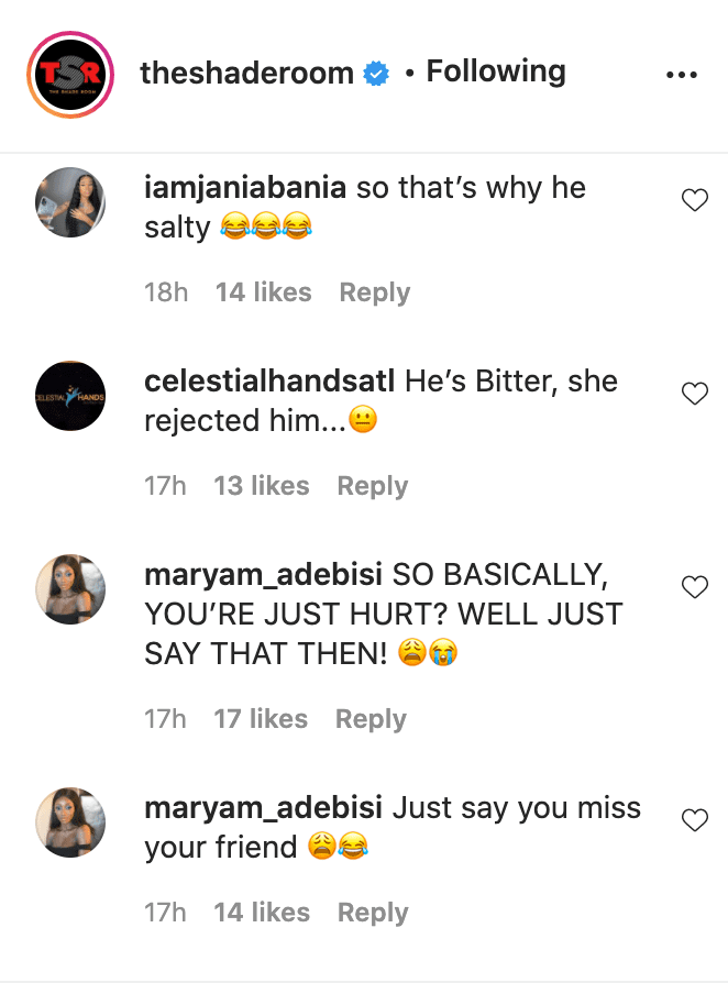 Screenshot of fan comments on video of Piers Morgan on "The Late Late Show" in 2018. | Source: Instagram/theshaderoom