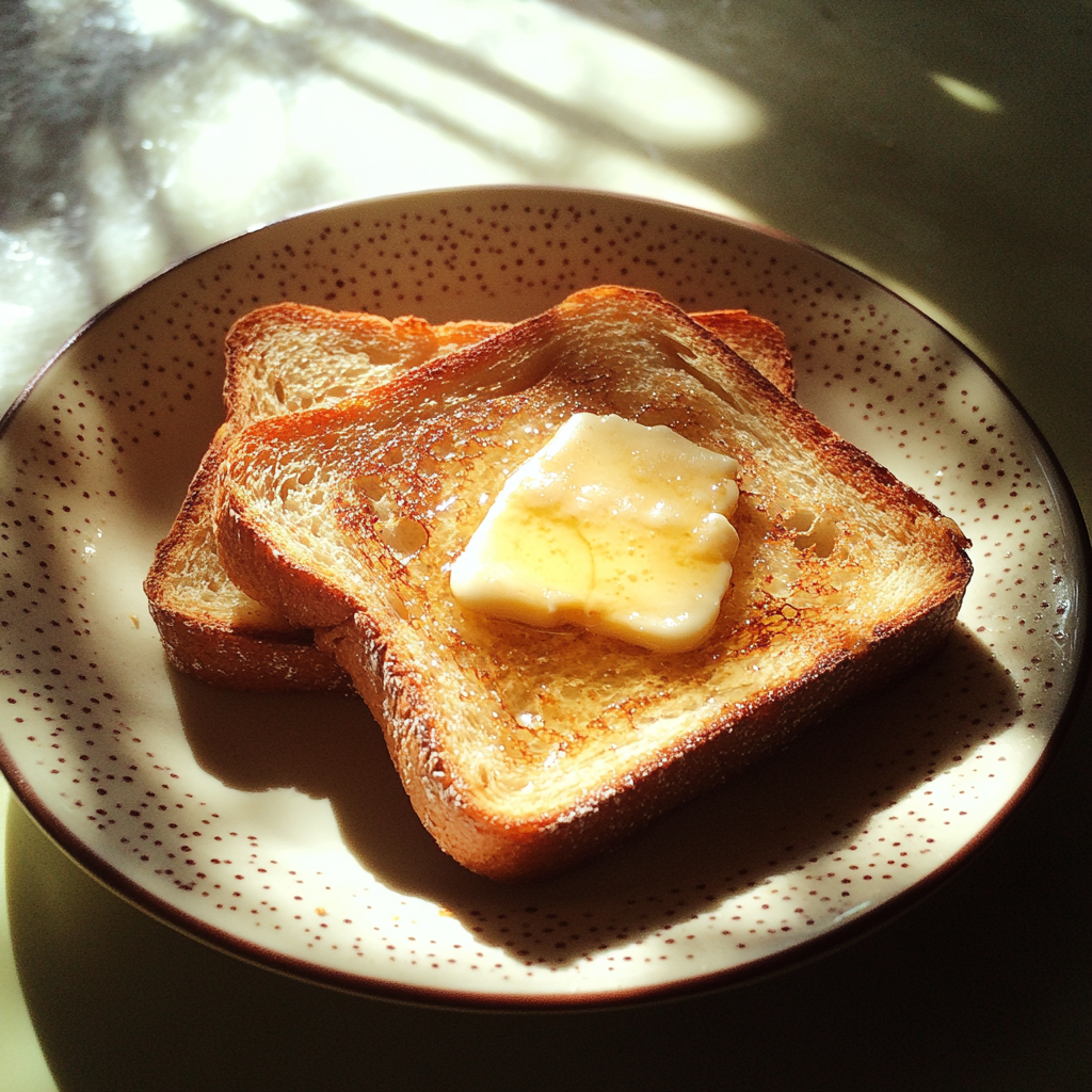 Buttered toast on a plate | Source: Midjourney