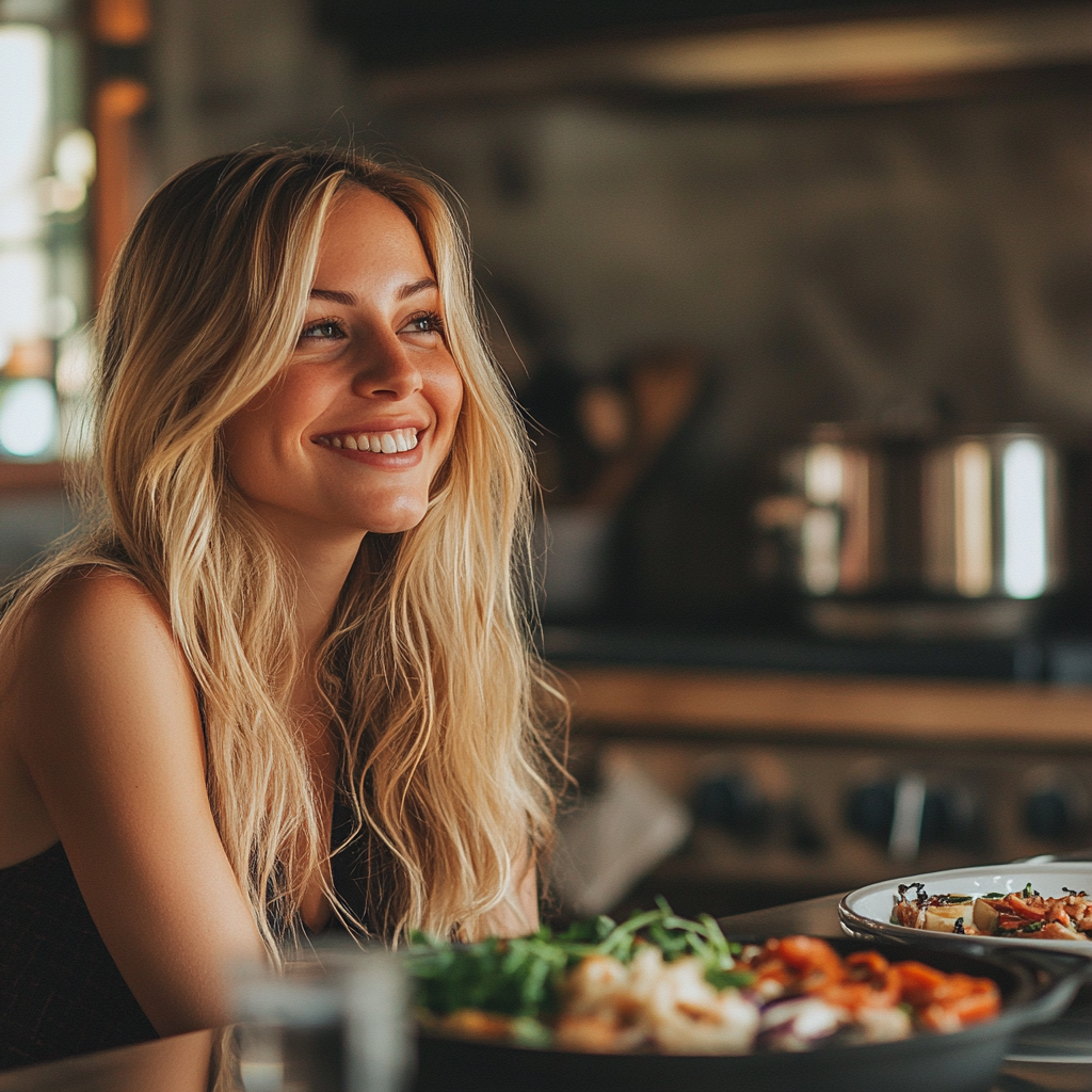 A smiling woman and her meal | Source: Midjourney