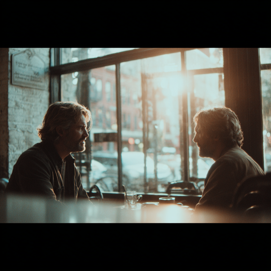 Two men talking in a cafe | Source: Midjourney