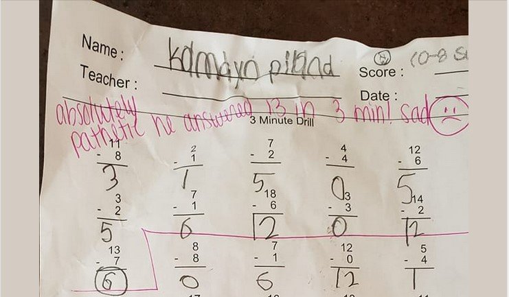 Picture of Kamdyn's graded math quiz | Source:facebook.com/cpiland