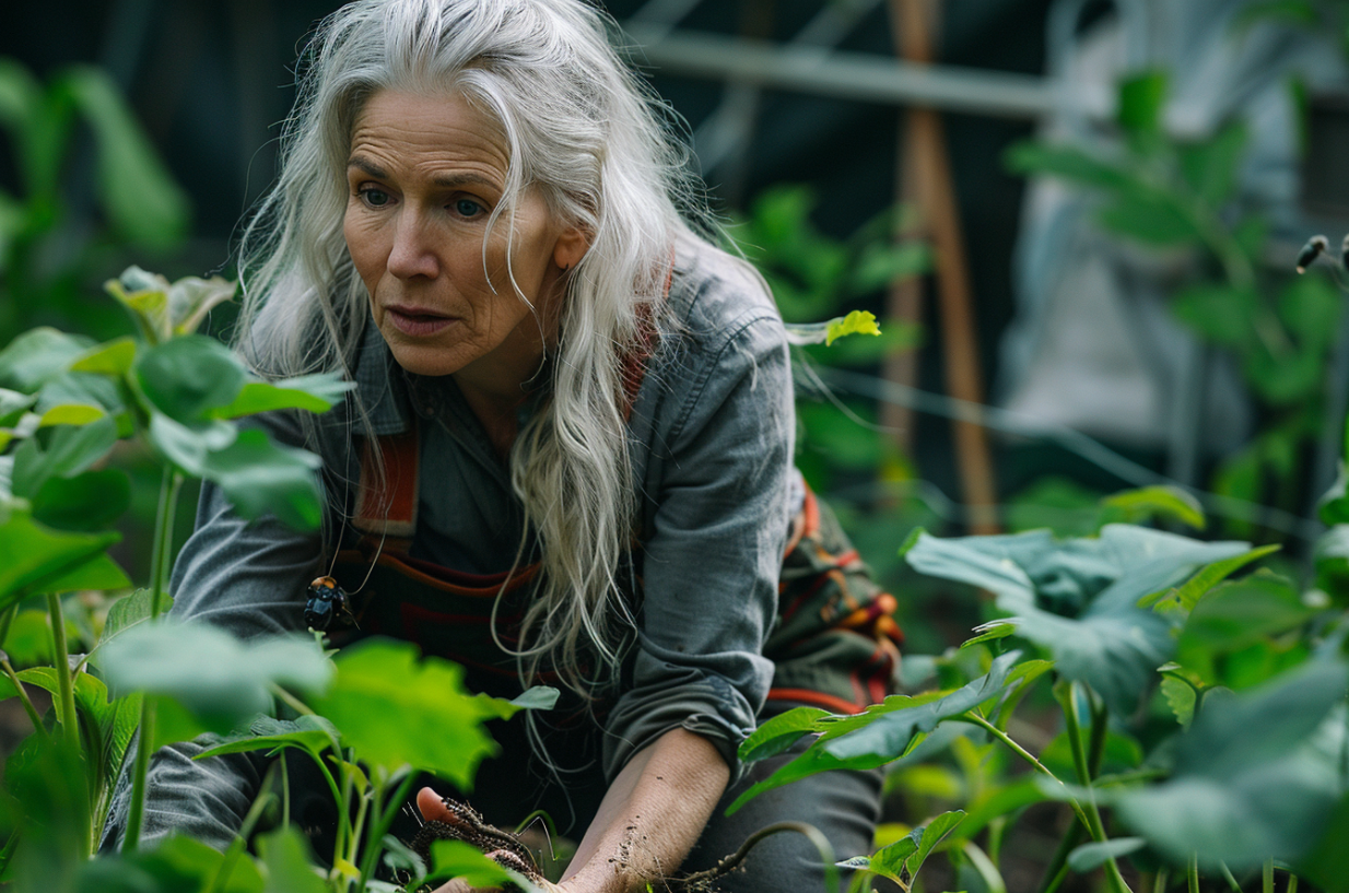 A woman stressfully examining plants in her garden | Source: Midjourney