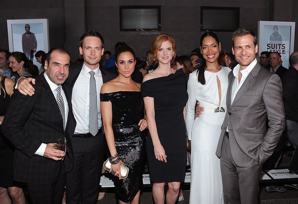 Rick Hoffman, Patrick J. Adams, Meghan Markle, Sarah Rafferty, Gina Torres and Gabriel Macht of Suits at USA Network and Mr Porter.com Present "A Suits Story." | Source: Getty Images