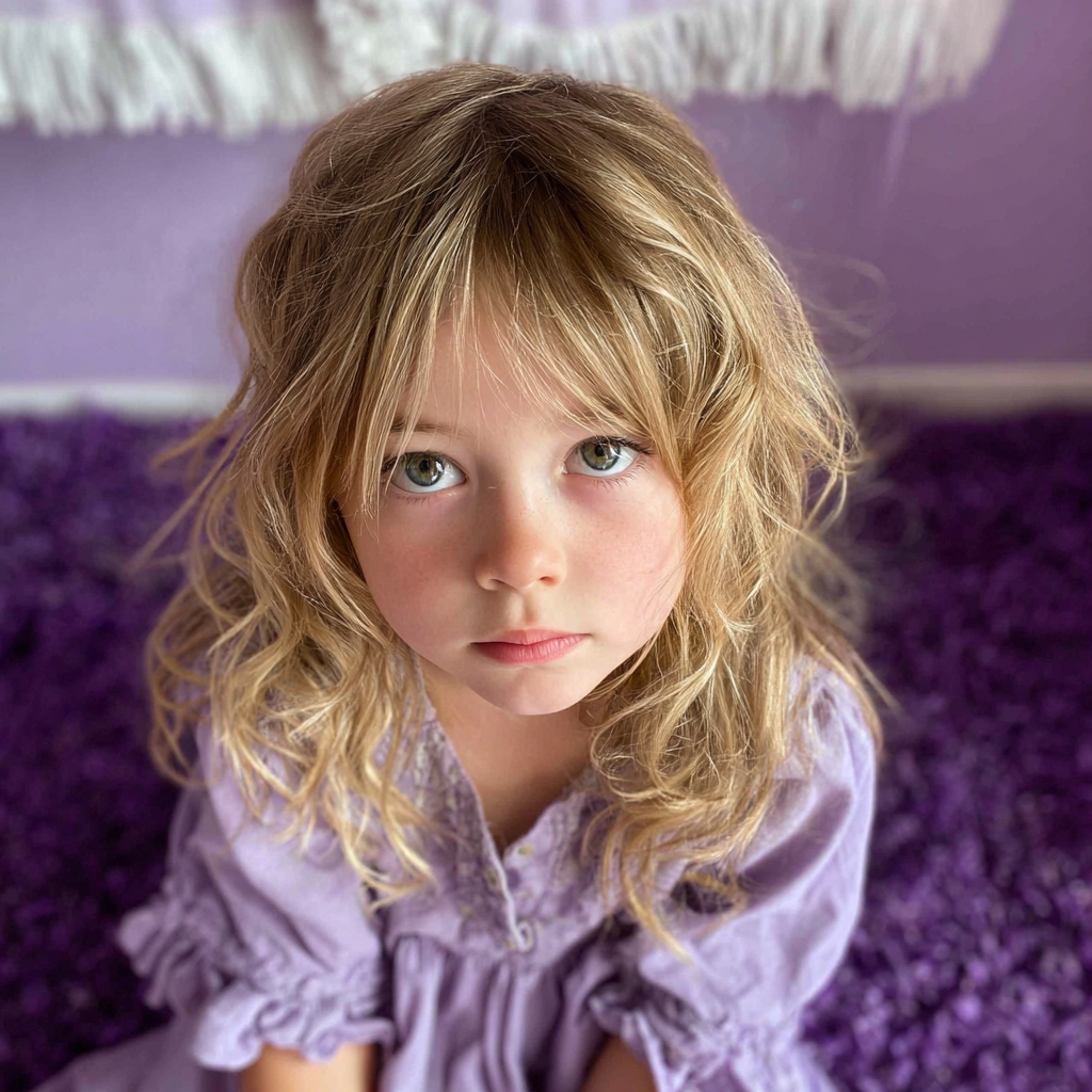 An upset little girl sitting on a rug | Source: Midjourney