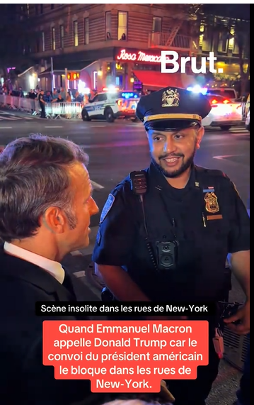 President Emmanuel Macron with an NYPD police officer, from a post dated September 23, 2025 | Source: Tiktok/@brutofficiel