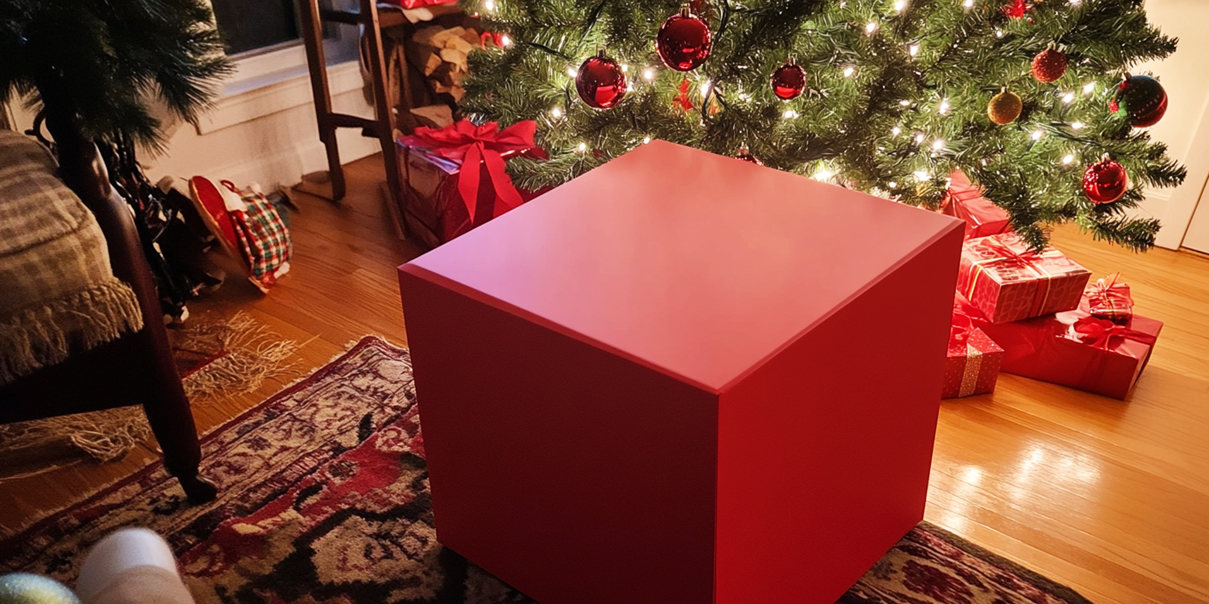 Red gift box next to a Christmas tree | Source: Amomama