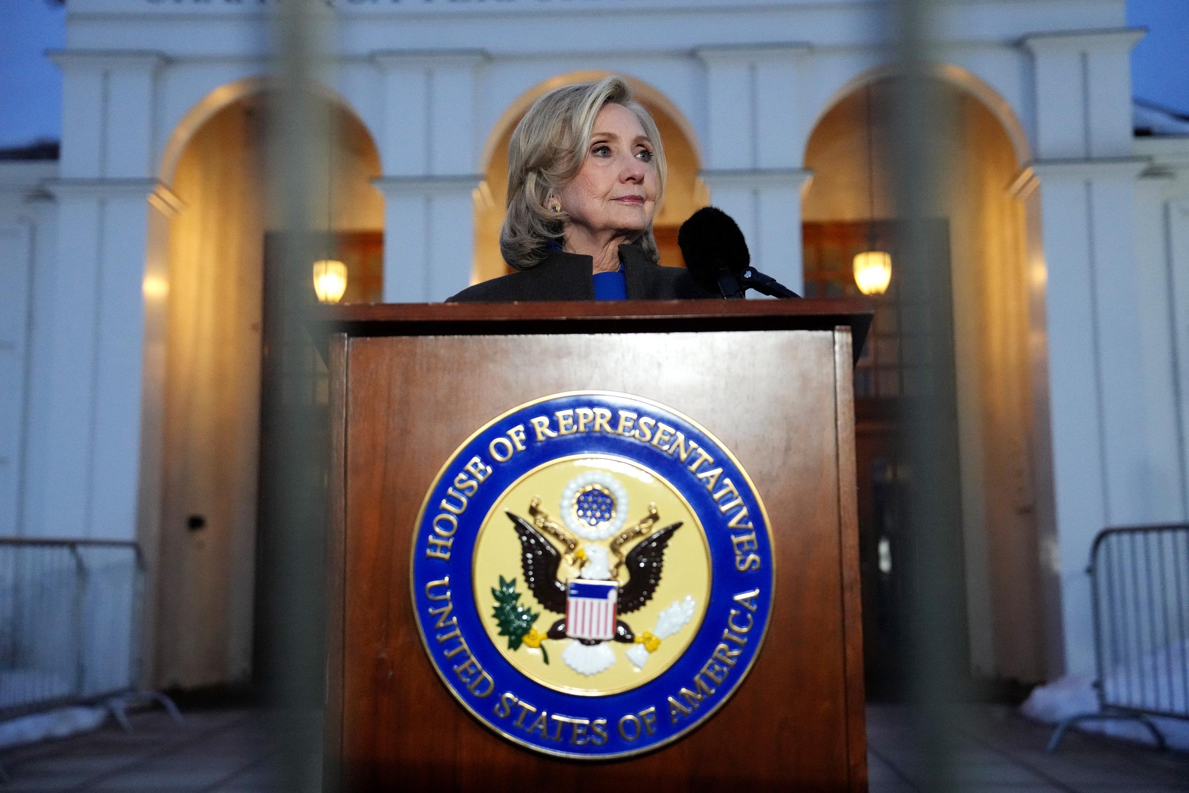 Hillary Clinton speaks at the Chappaqua Performing Arts Center on February 26, 2026 in New York | Source: Getty Images