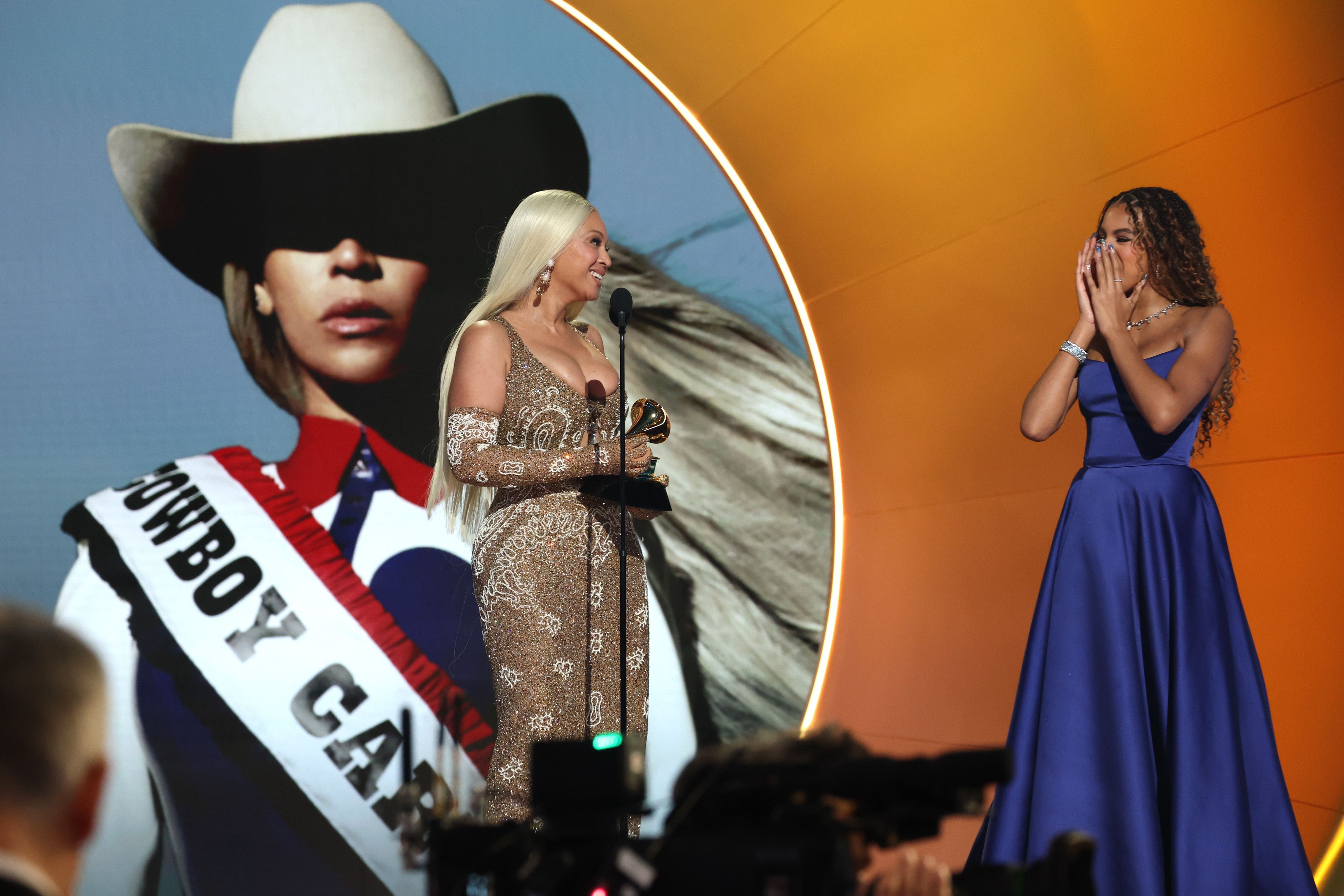 Beyoncé accepts the Album of the Year award for "COWBOY CARTER" onstage with Blue Ivy Carter during the 67th Annual GRAMMY Awards at Crypto.com Arena on February 2, 2025, in Los Angeles, California | Source: Getty Images