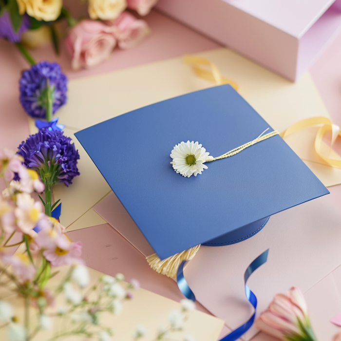 A blue graduation cap, cards, and flowers lying on a plain surface | Source: Midjourney