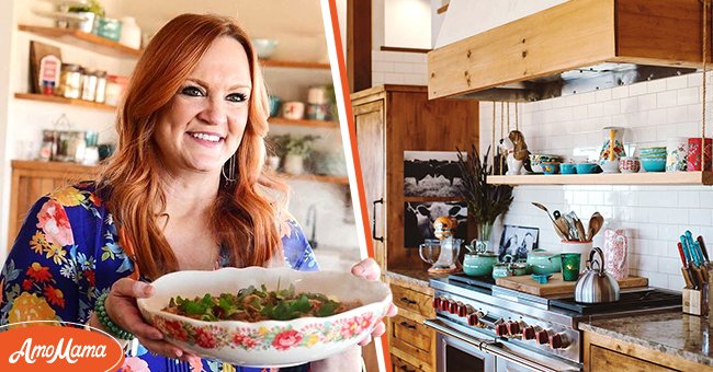 Ree Drummond filming "The Pioneer Woman" in the lodge of her Pawhuska, Oklahoma ranch estate on February 20, 2021, and an image of the kitchen in the lodge on April 6, 2018 | Photos: Instagram/thepioneerwoman
