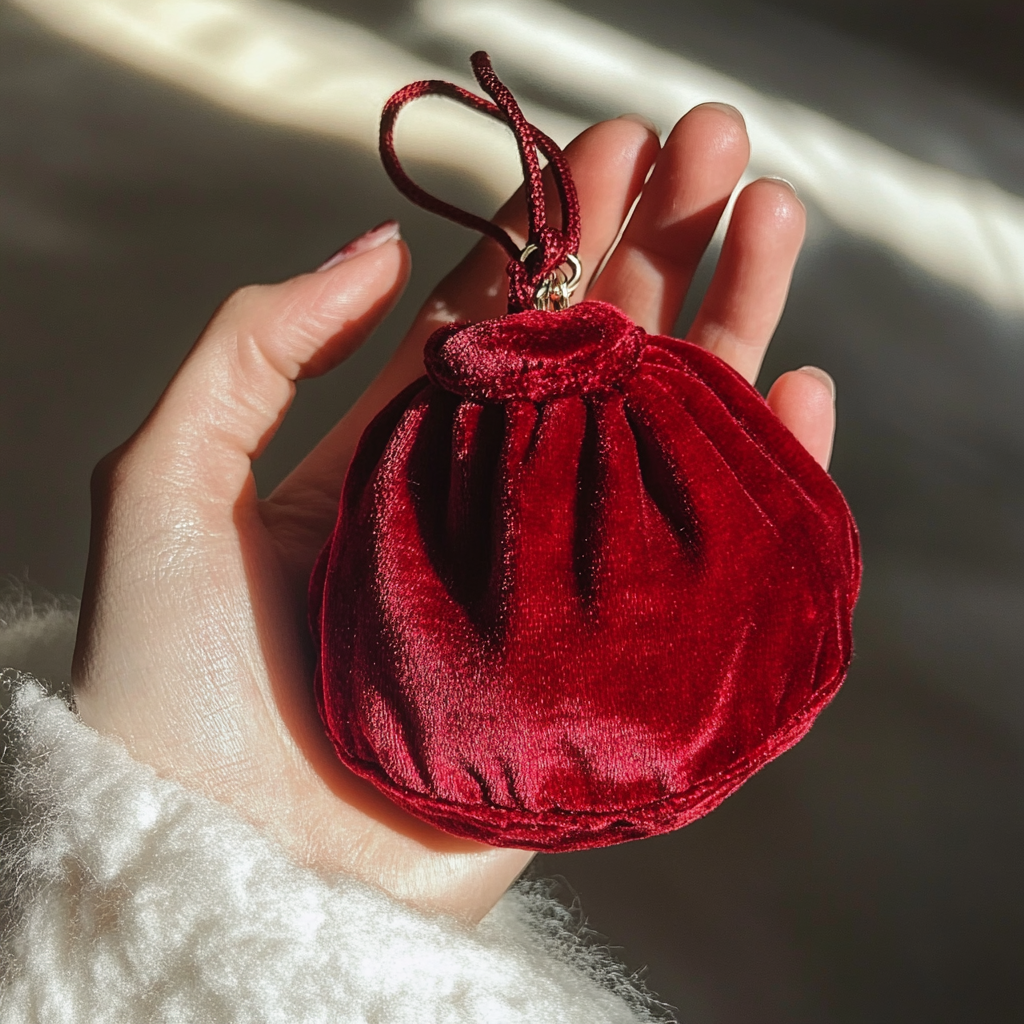 A woman holding a red velvet bag | Source: Midjourney