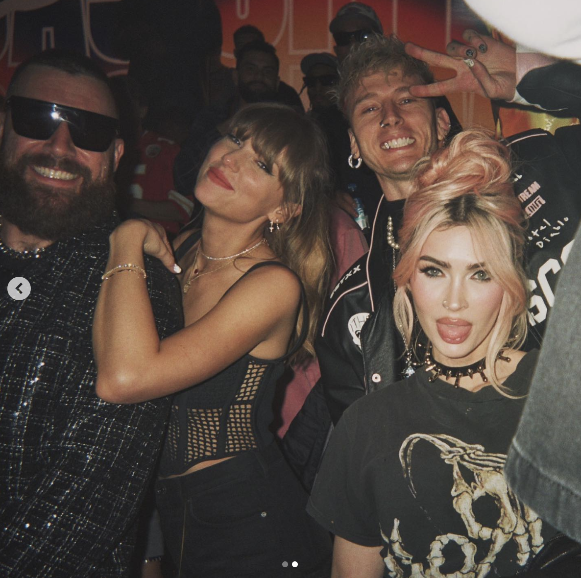 Travis Kelce, Taylor Swift, Machine Gun Kelly, and Megan Fox at the Super Bowl 2024 after party, as seen in a photo dated February 15, 2024 | Source: Instagram/meganfox