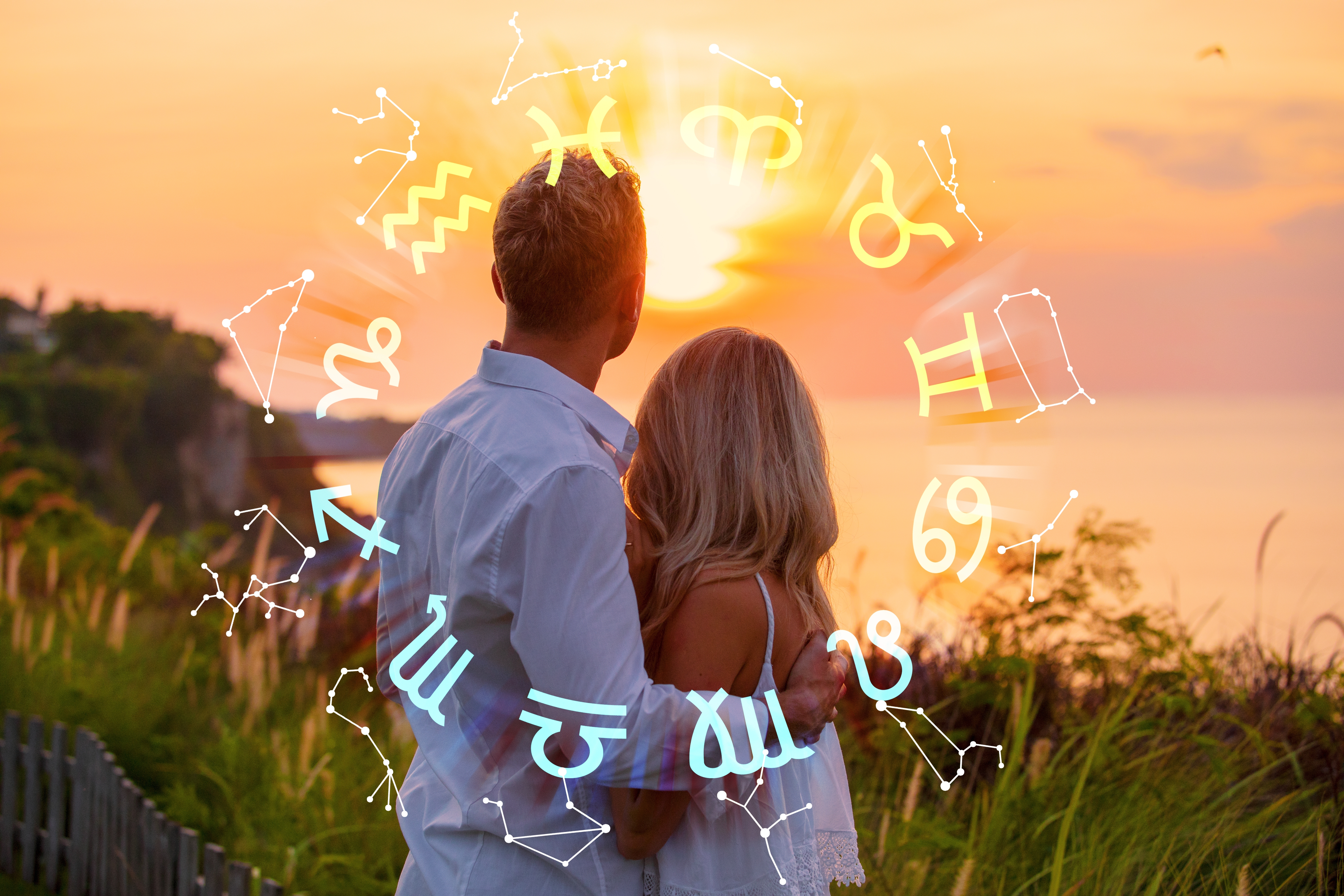 A couple enjoying a beautiful sunset with an image of the zodiac overlayed | Source: Shutterstock