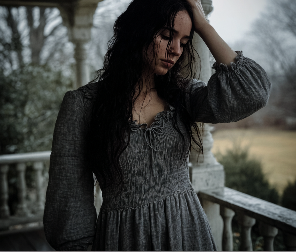 An emotional woman standing with her hand on her head | Source: Midjourney