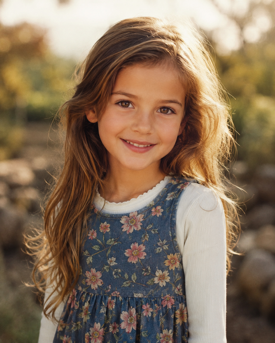 In this AI creation, Fabio and Shania Twain’s imagined daughter smiles brightly in a floral pinafore dress, bathed in warm golden light typical of a portrait style. | Source: ChatGPT