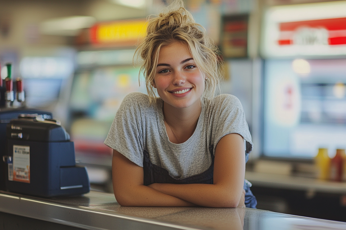 A grinning gas station cashier | Source: Midjourney