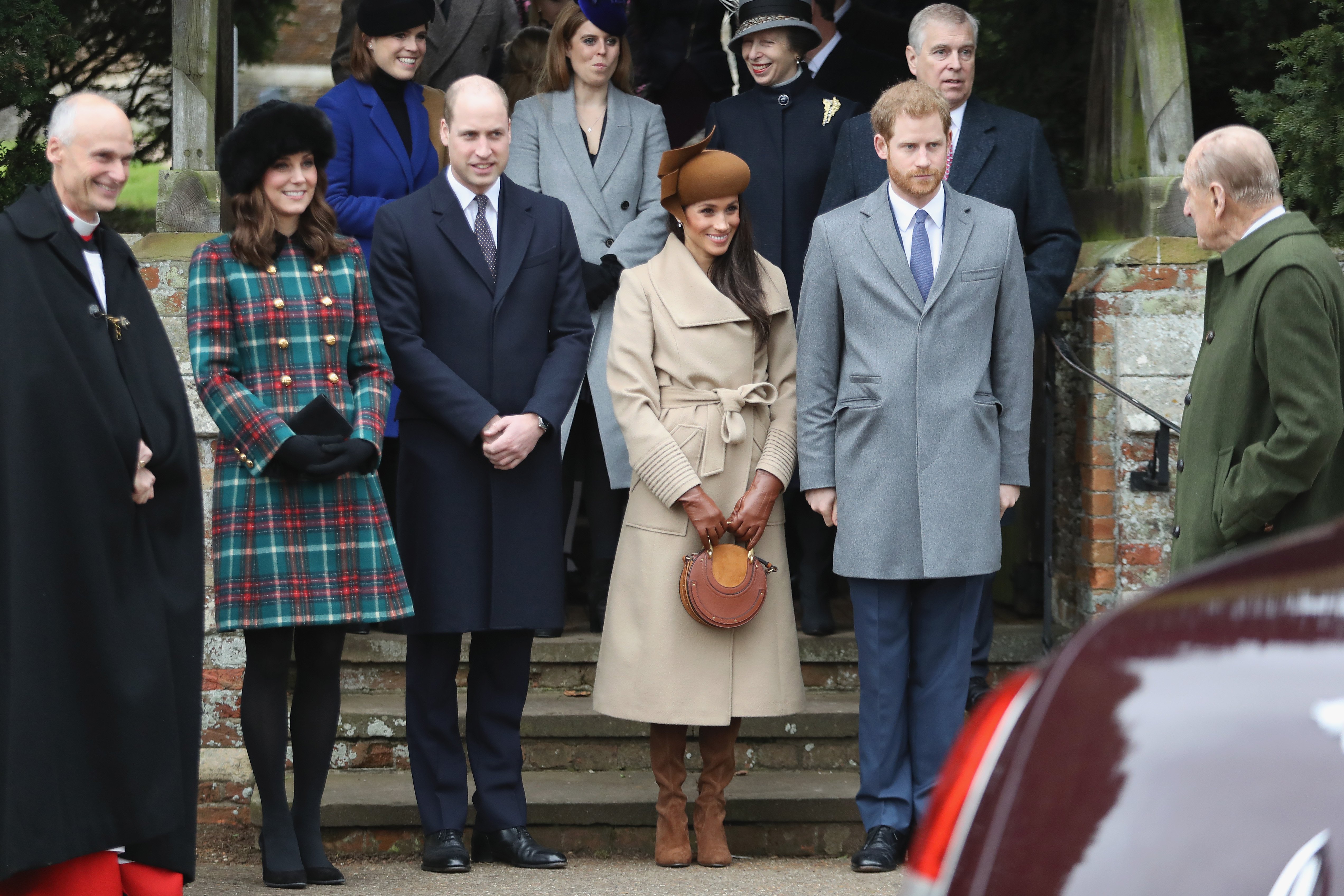 Princess Beatrice, Princess Eugenie, Princess Anne, Princess Royal, Prince Andrew, Duke of York, Prince William, Duke of Cambridge, Prince Philip, Duke of Edinburgh, Catherine, Duchess of Cambridge, Meghan Markle and Prince Harry attend Christmas Day Church service on December 25, 2017 in King's Lynn, England. |  Source: Getty Images 