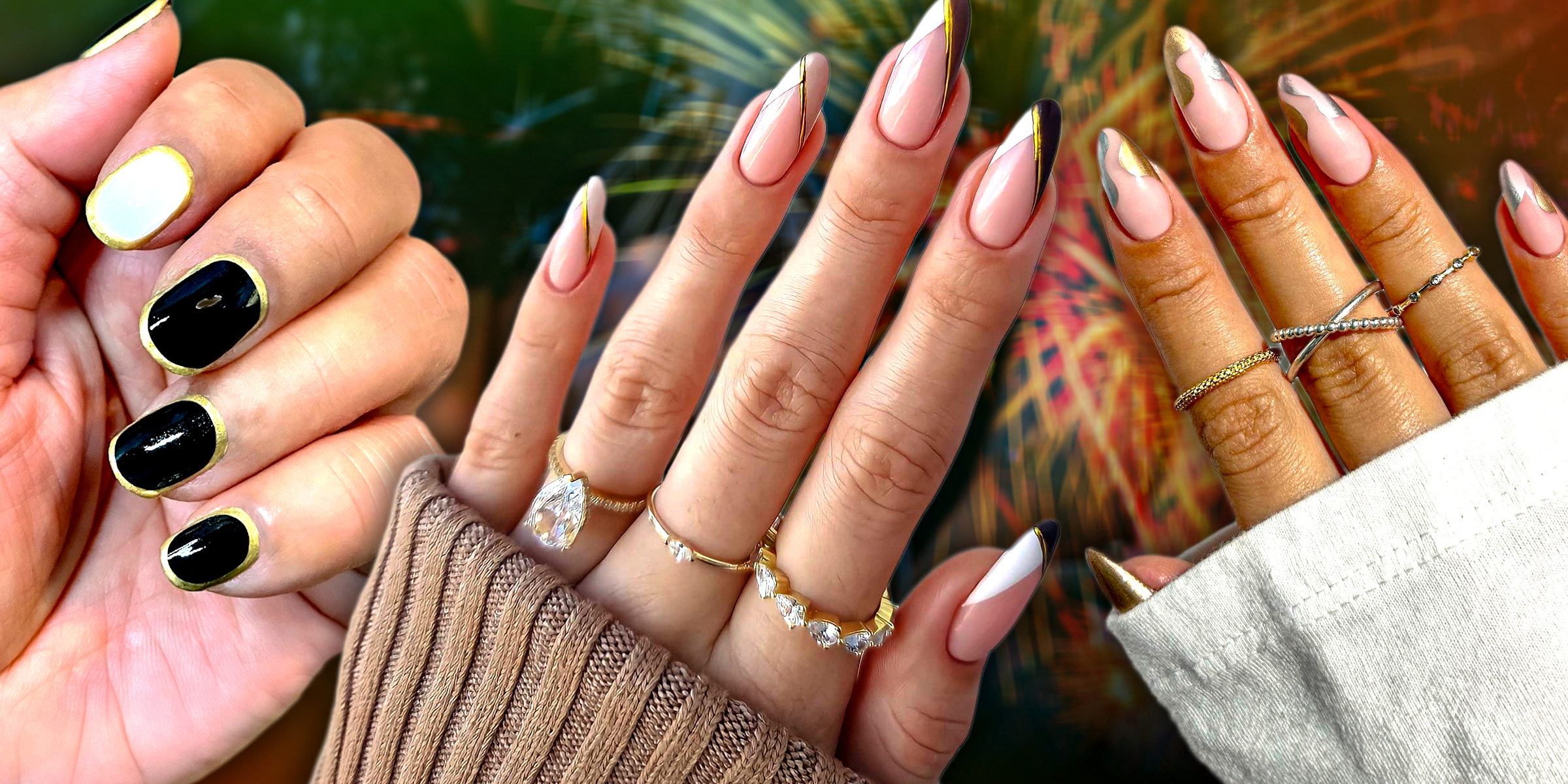 Golden Outlines | Ombré, White, and Gold V-Shaped French | Mixed Metals | Source: instagram.com/nailsinc | Shutterstock | instagram.com/jinsoon | instagram.com/thehotblend