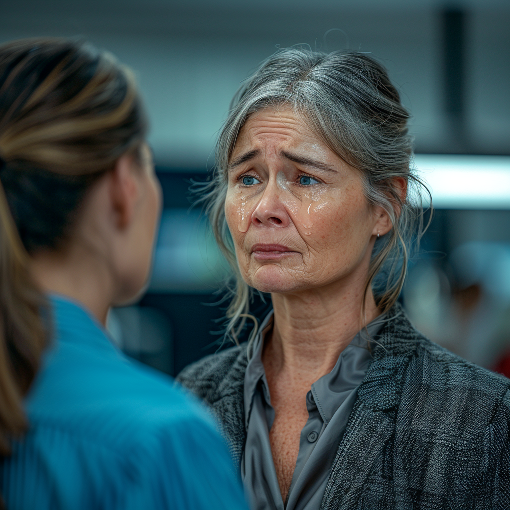 A middle-aged woman cries while talking to a younger woman standing in an office setting | Source: Midjourney