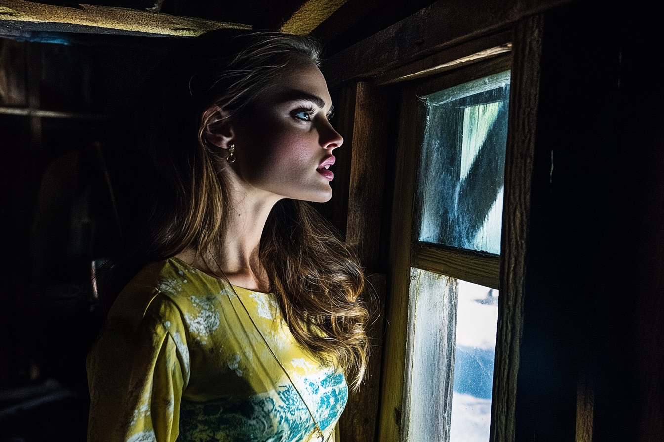 A woman standing inside an old cabin | Source: Midjourney