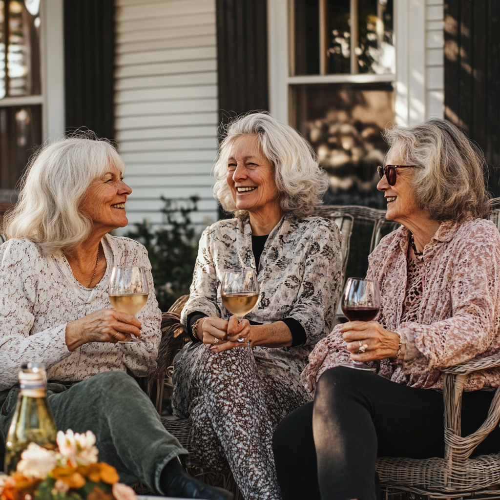 A group of women sitting outside drinking wine | Source: Midjourney