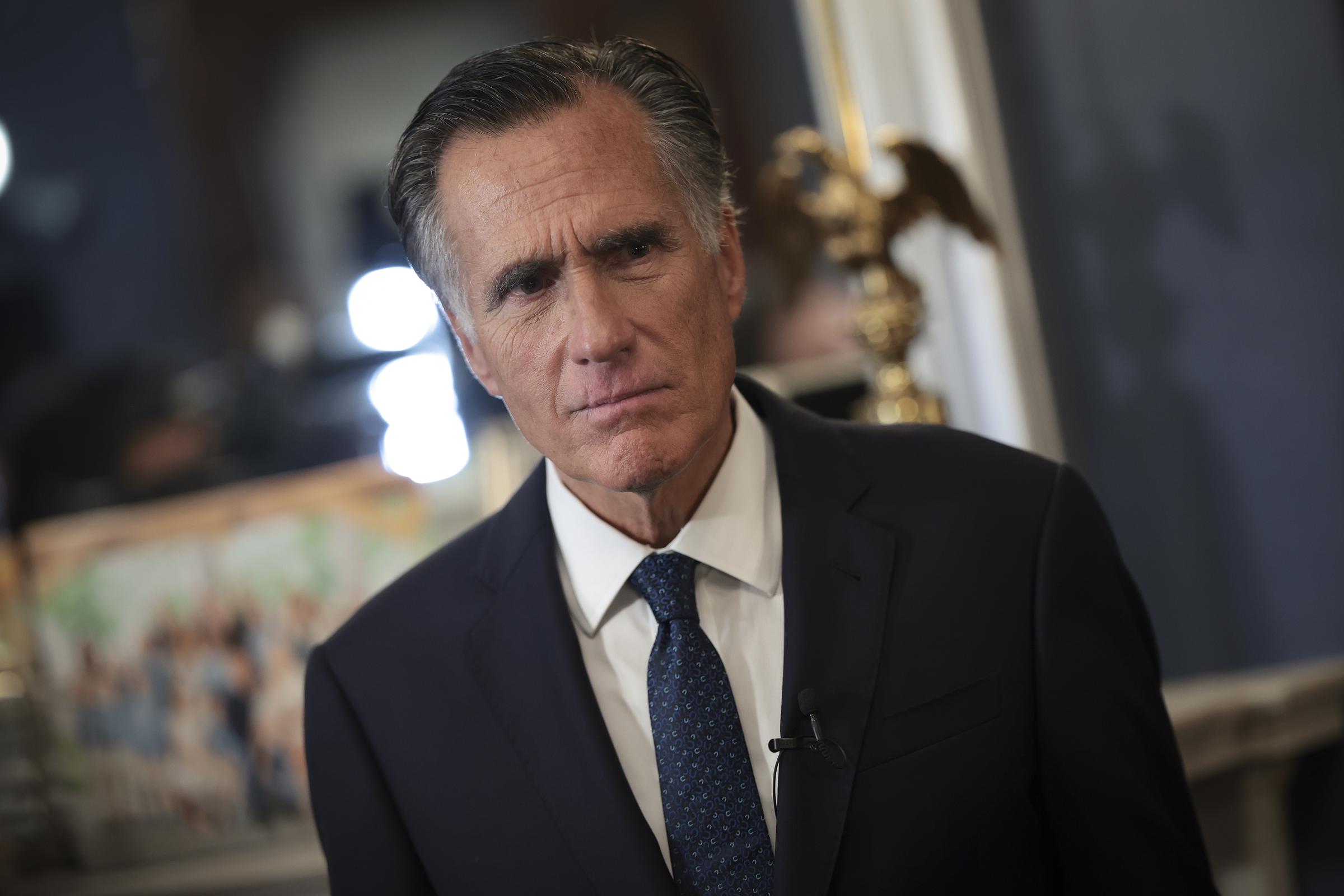 Mitt Romney speaks to the media about not running for a second Senate term in his office in the Russell Senate Office Building in Washington on September 13, 2023 | Source: Getty Images