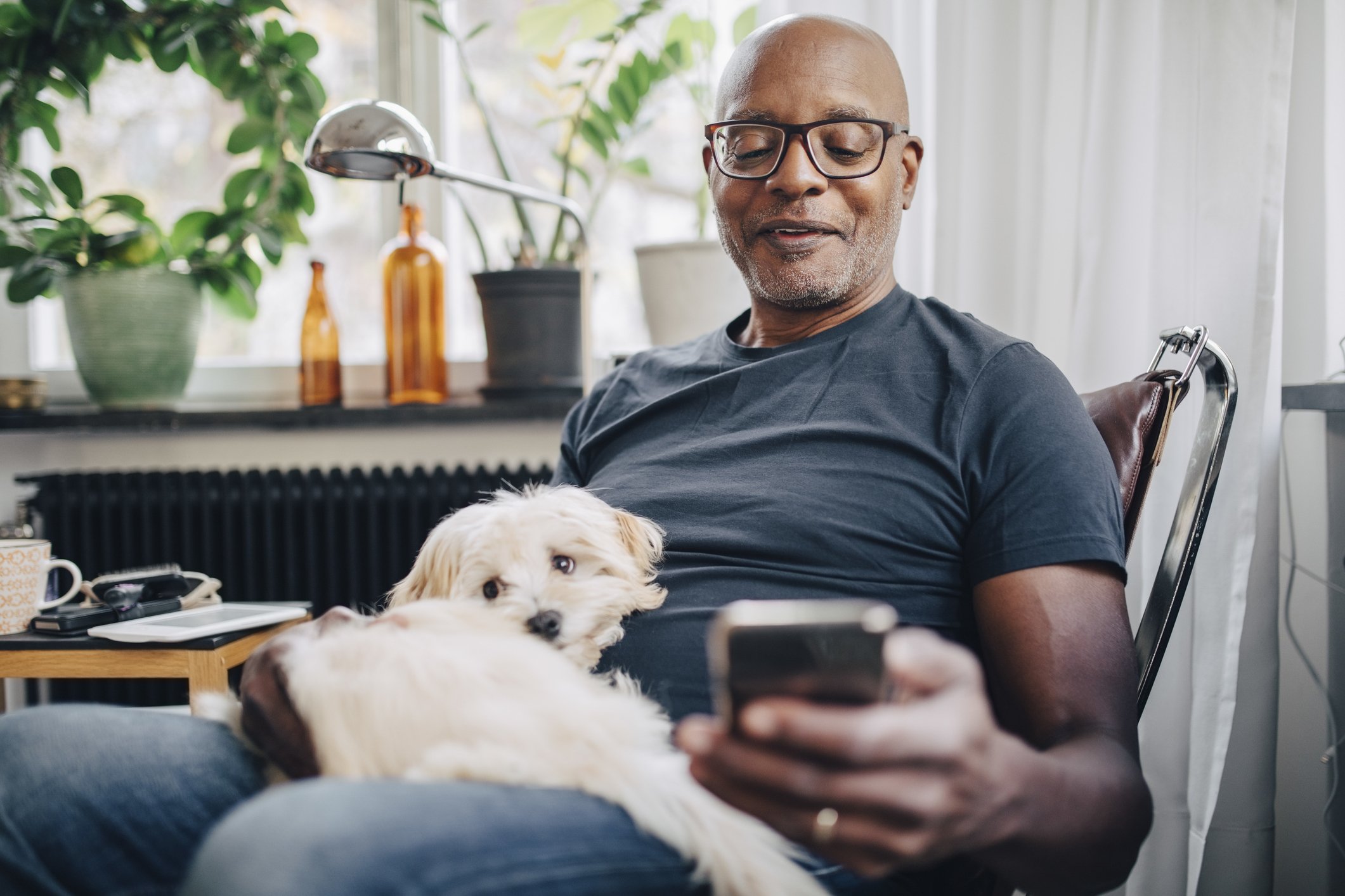 Lächelnder älterer Mann mit Smartphone, während er mit Hund im Zimmer zu Hause sitzt | Quelle: Getty Images