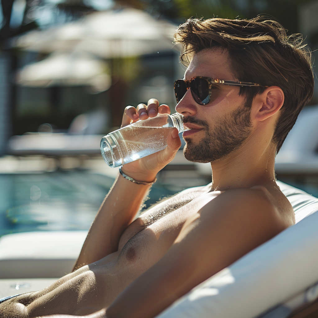 Man on sunbed drinking water | Source: Midjourney