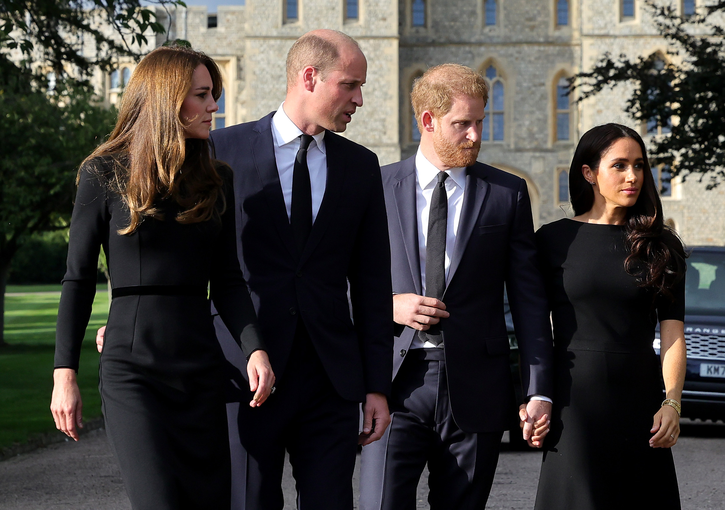 Kate Middleton, Prince William, Prince Harry, and Meghan Markle arrive to view flowers and tributes to HM Queen Elizabeth on September 10, 2022 in Windsor, England. | Source: Getty Images