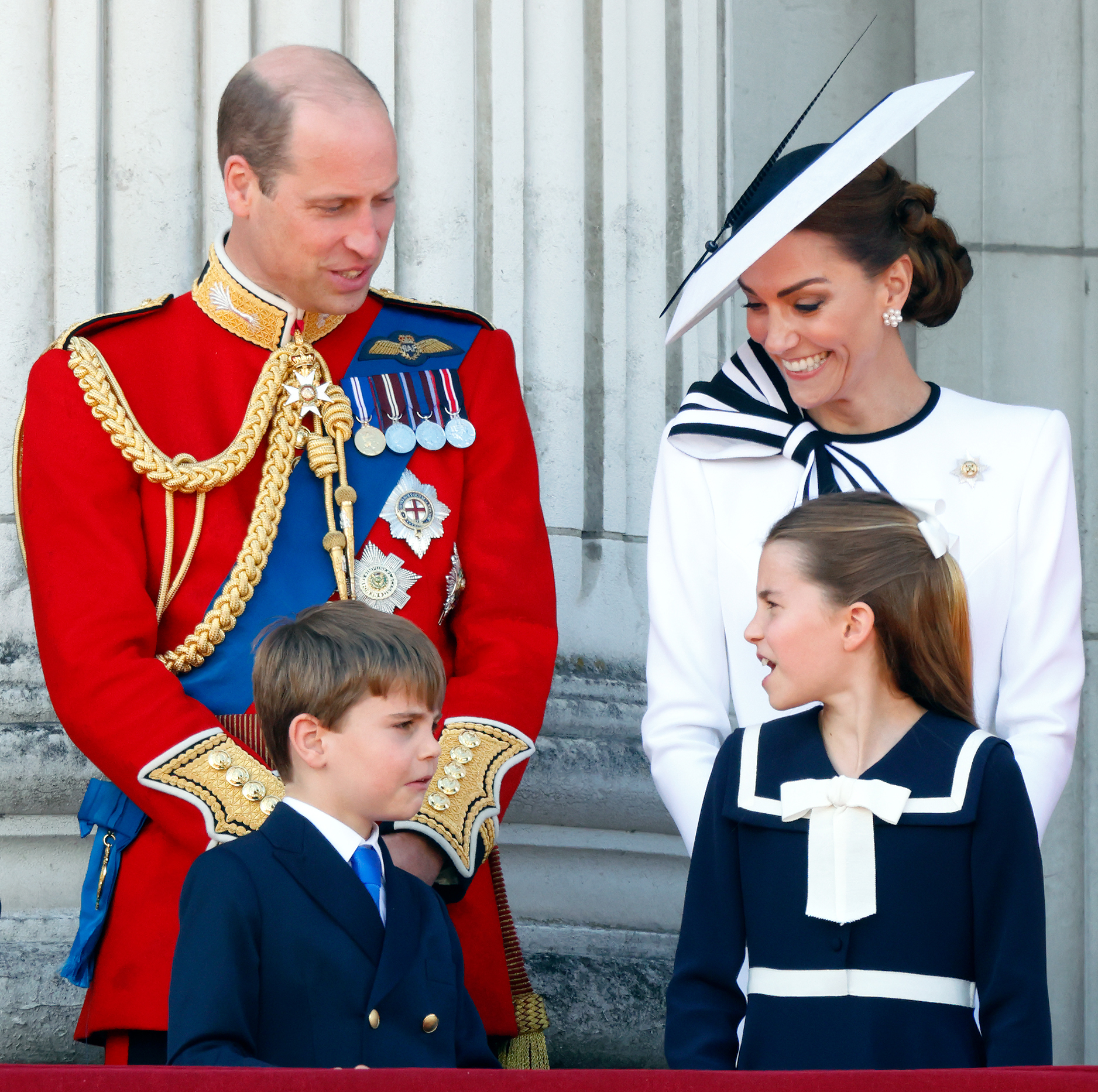 Prince William, Prince of Wales, Prince Louis of Wales, Princess Charlotte of Wales, and Catherine, Princess of Wales on the balcony of Buckingham Palace attending Trooping the Colour in London, England, on June 15, 2024. | Source: Getty Images
