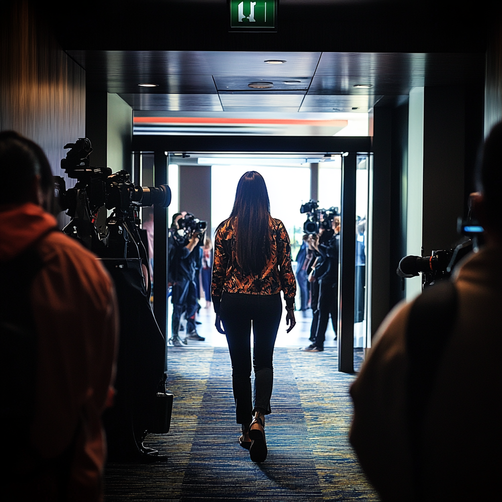 A woman walking out of a press conference |  Source: Midjourney