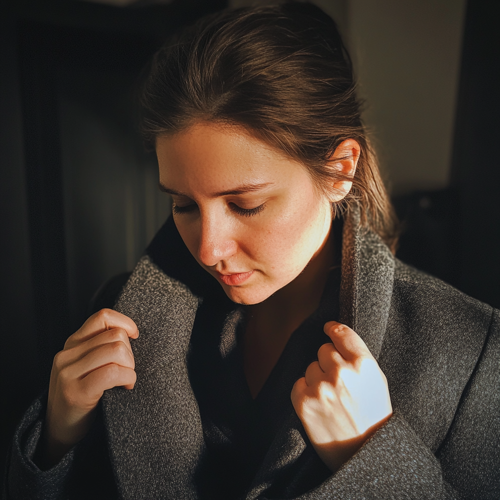 A woman putting her coat on | Source: Midjourney