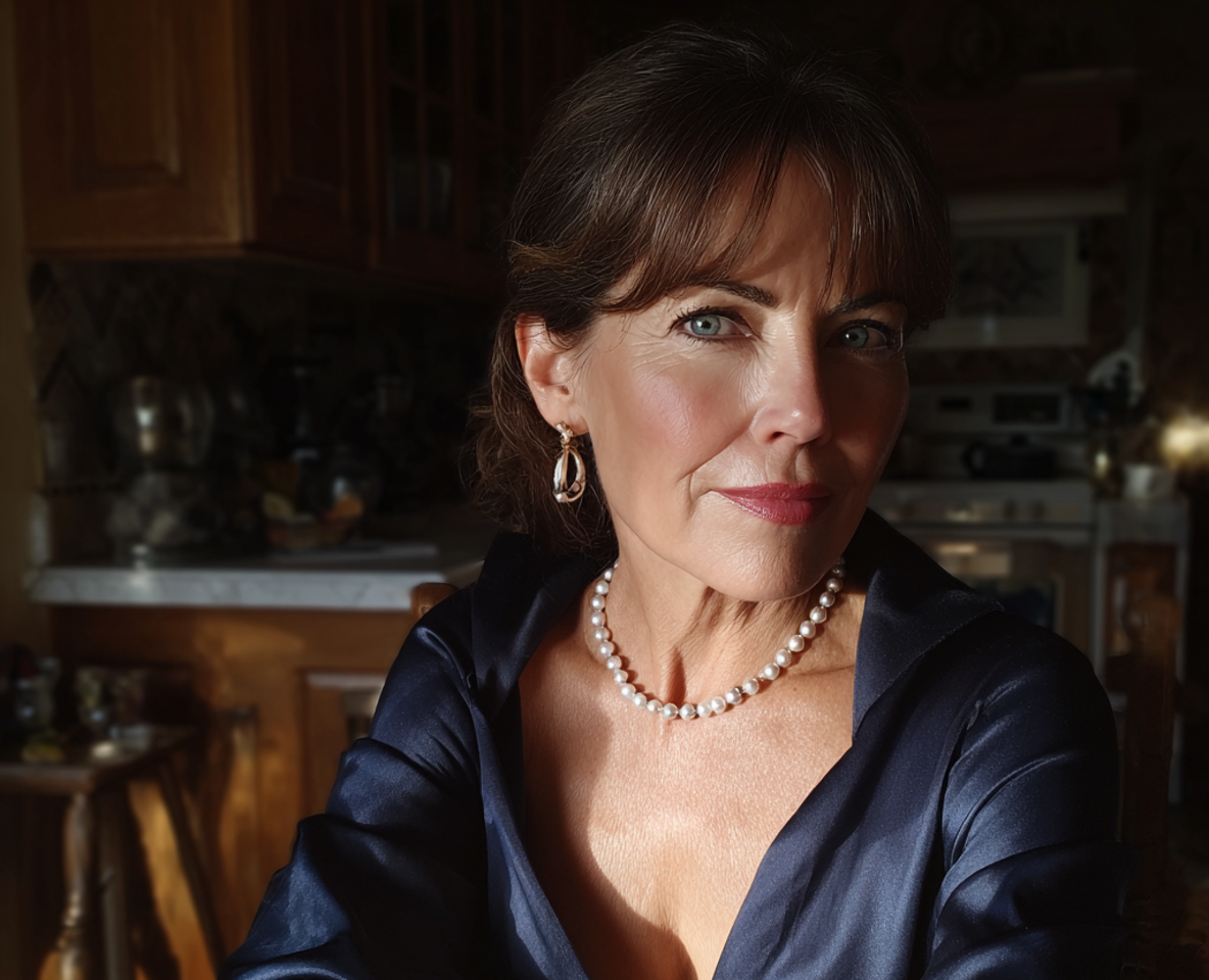 A smug older woman wearing a pearl necklace | Source: Midjourney